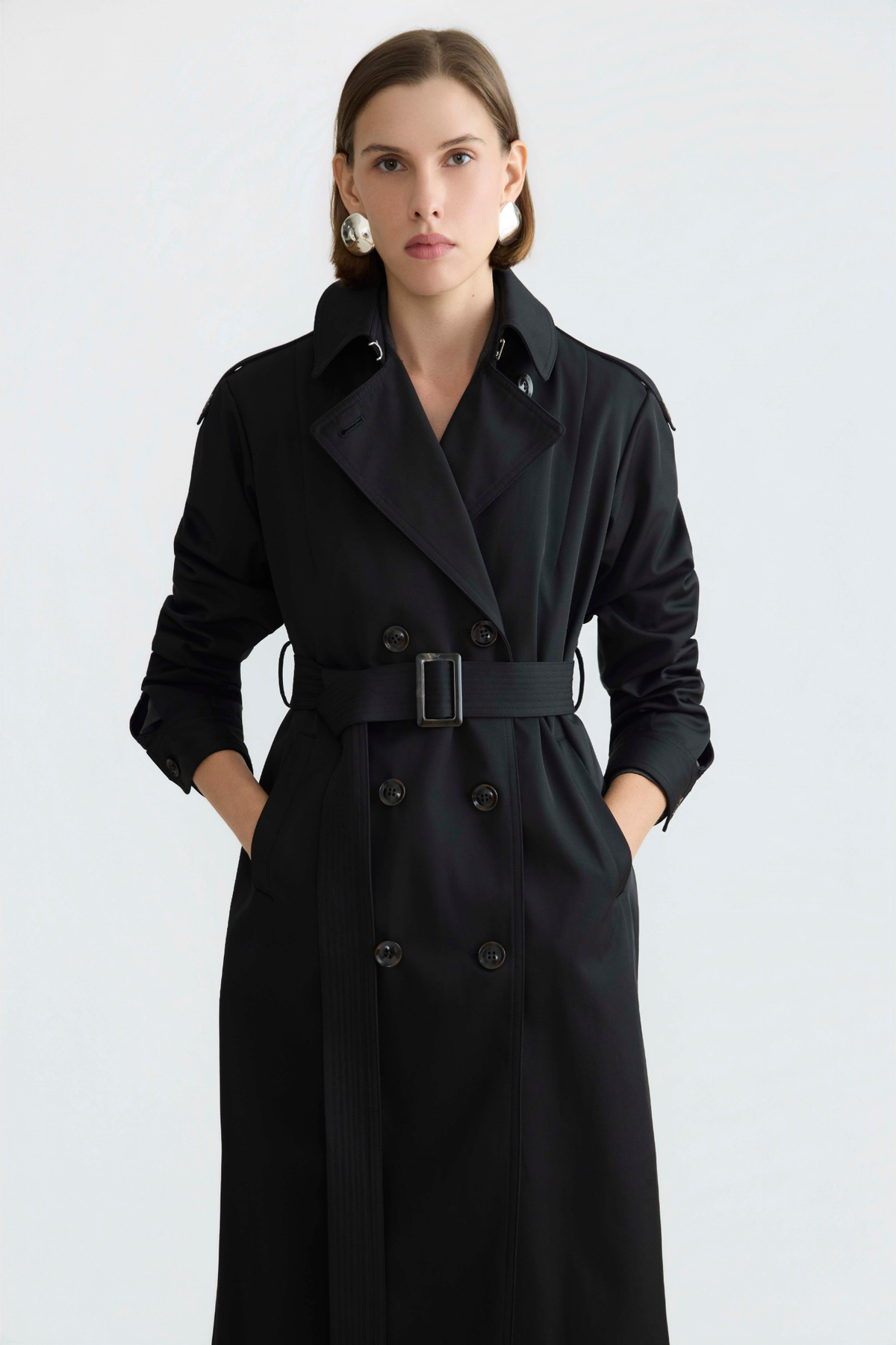 Troy double breasted trench coat with inverted back pleat