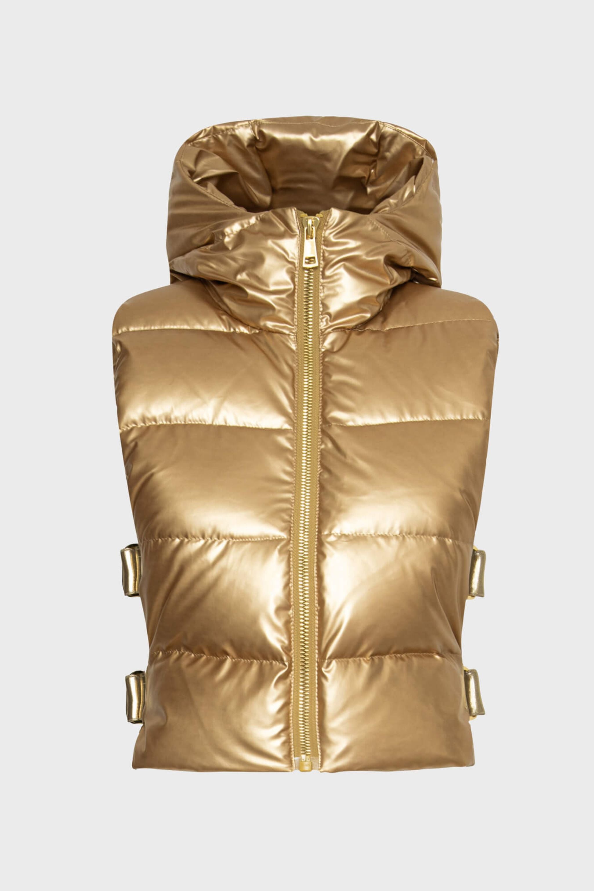 Lolie gold metallic quilted gilet w/ gold trim & side buckles