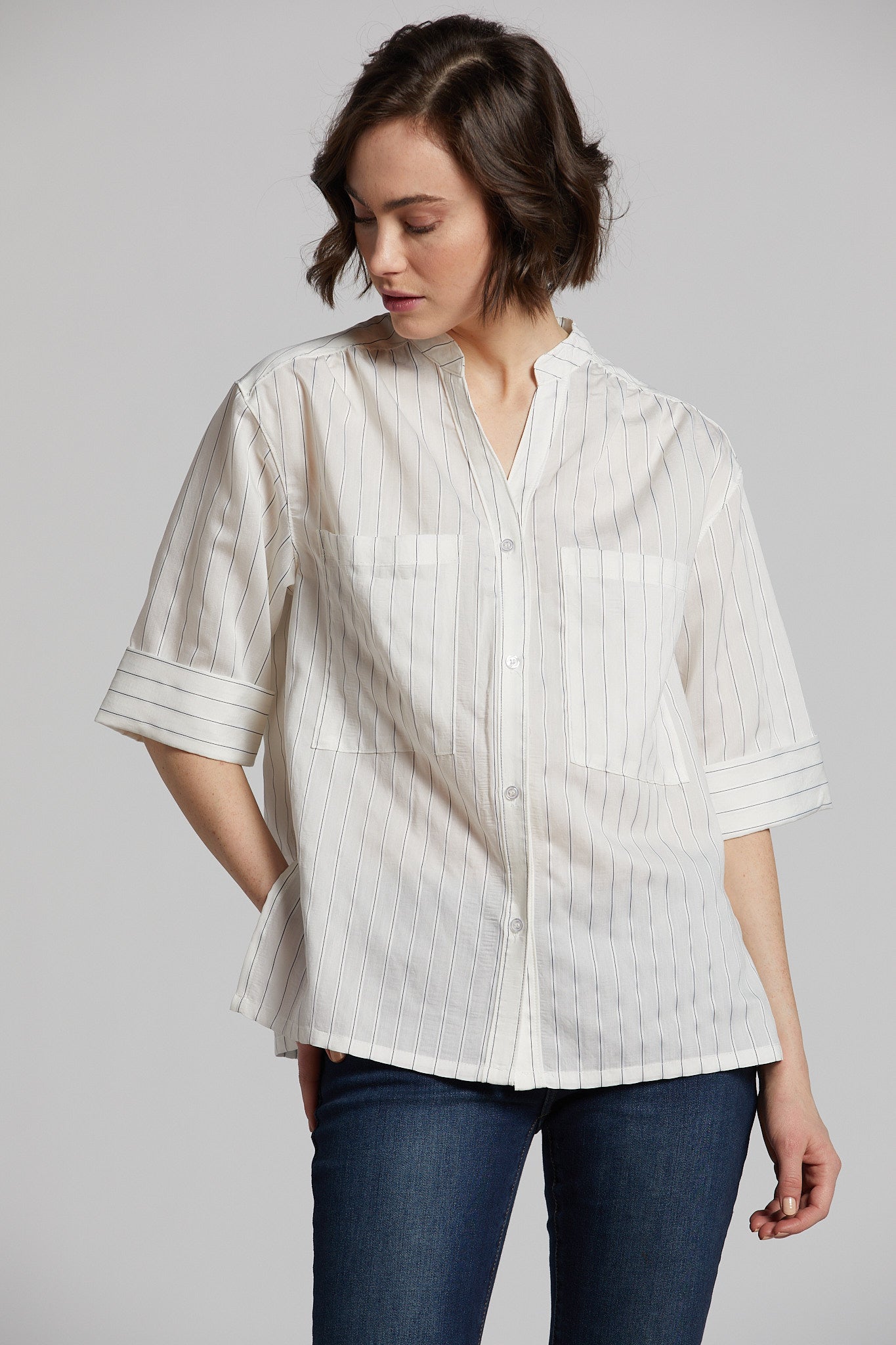 Nala fine stripe patch pocket blouse